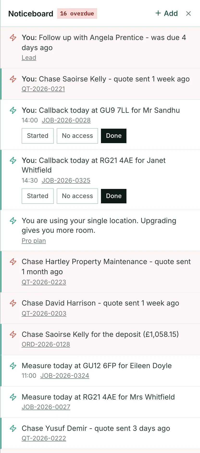 The FloorLogik noticeboard panel listing a lead to follow up, quotes to chase, a deposit outstanding and today's jobs, each with the record it refers to.