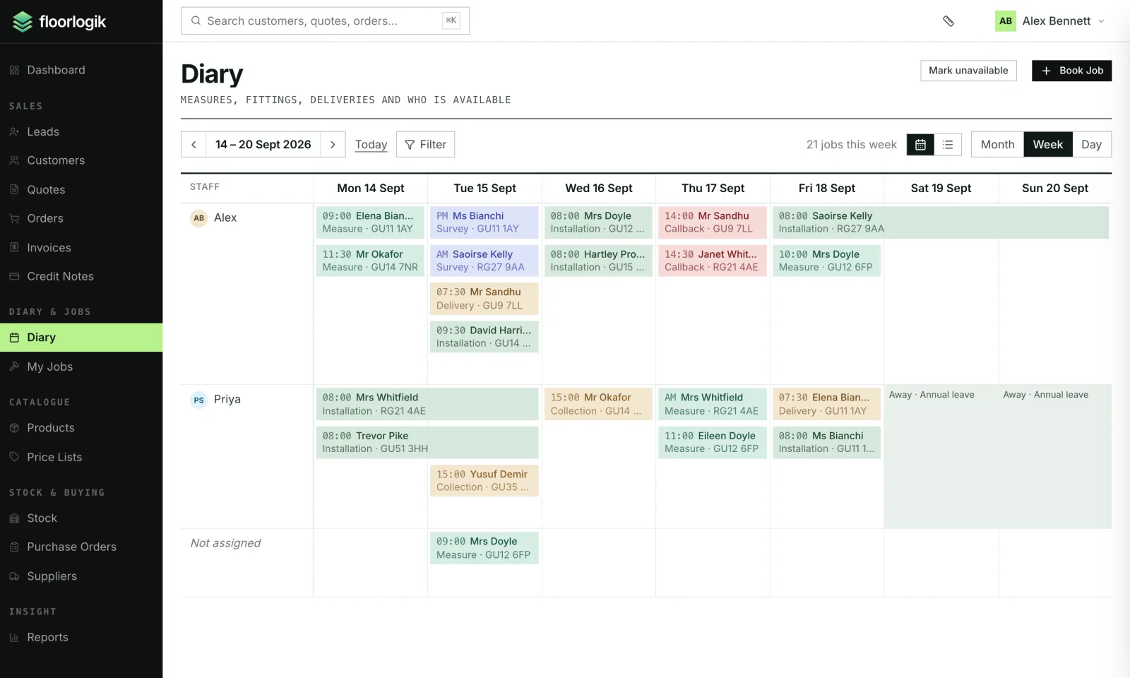 The FloorLogik diary for a week, with staff down the side and measures, installations, deliveries, collections and callbacks colour coded across the days, including two days of annual leave.